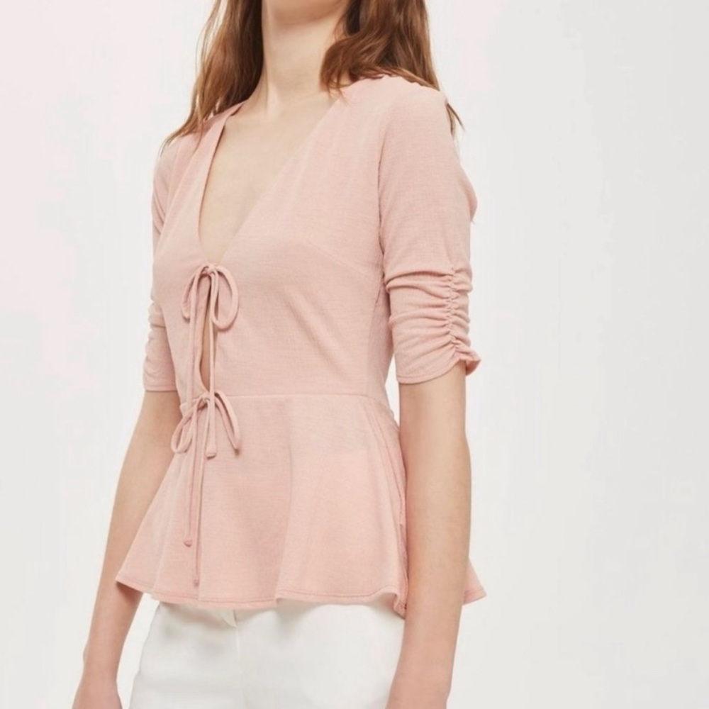 Topshop Pink Cutout Tie Front Blouse Deep V Plunge